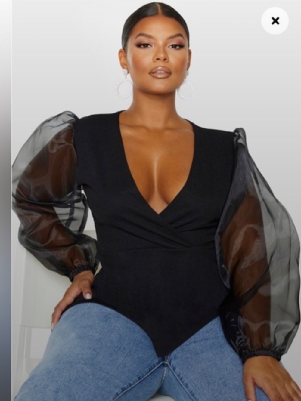 PLT PLUS BLACK ORGANZA SLEEVE PEPLUM TOP